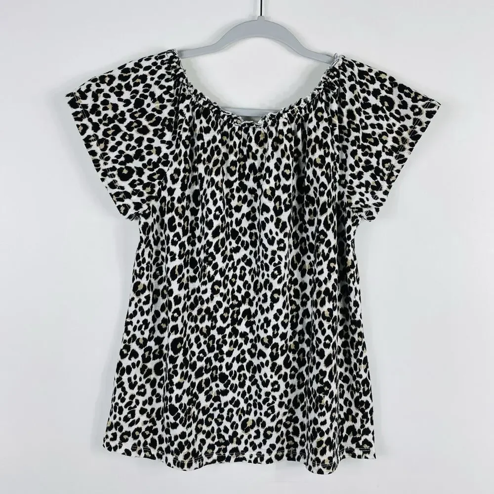 Old Navy Top Girls XL 14 Leopard Print Short Sleeve 100% Cotton